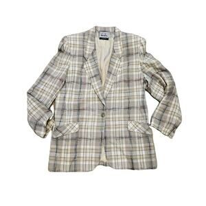 Vtg David N Plaid Blazer Womens 12 Linen Textured Acadamia Workwear Cottage Boho